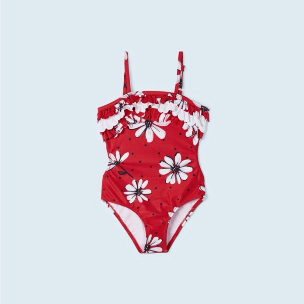 Size 7 Girls Mayoral Red and White Floral Kids One Piece Swimsuit